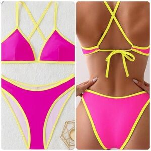 Pink Contrast Neon Trim Halter High Cut Bikini Set